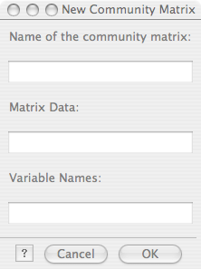 Image of the input window used to create a new community matrix or to edit an existing one.